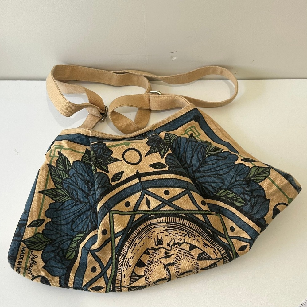 Lakhay's Shoulder Bag Tan Blue Floral Sun Design Canvas Adjustable‎ Strap Cotton
